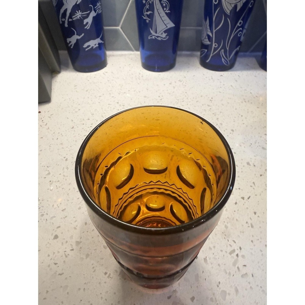 Indiana Tiara Amber Gold Kings Crown Thumbprint 5 3/8" Tumbler Mid Century Glass - Picture 2 of 4